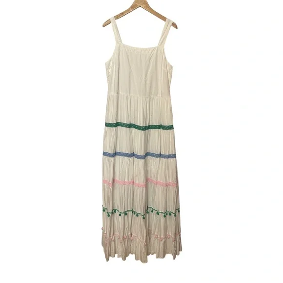 NWT Crown & Ivy White Tiered Maxi Dress with Colorful Pom Pom Trim - Size Large - Picture 2 of 10